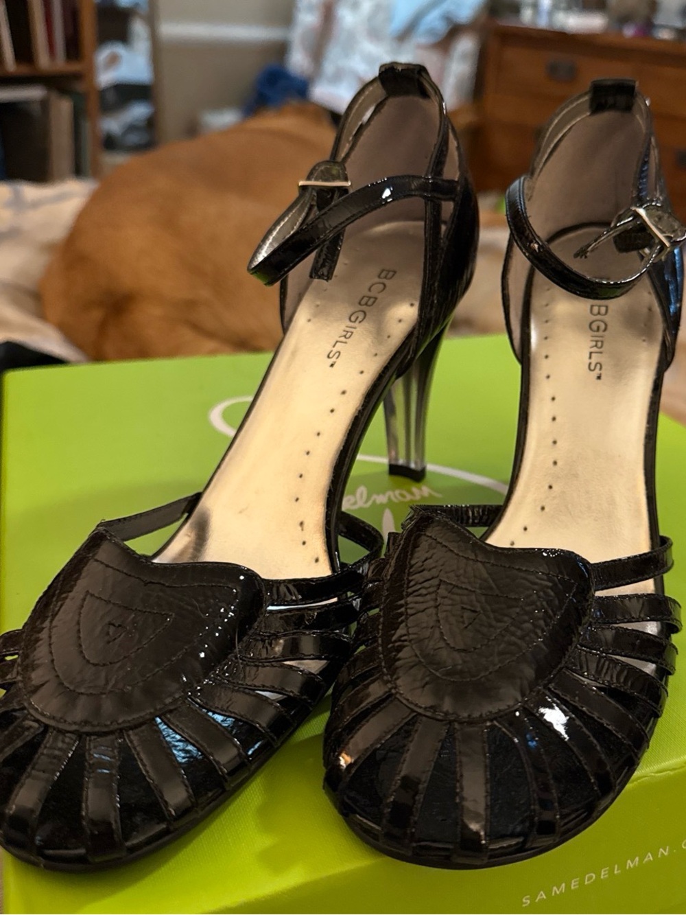 BCBGeneration Black Patent Mary Jane Heels with Cutout Detail